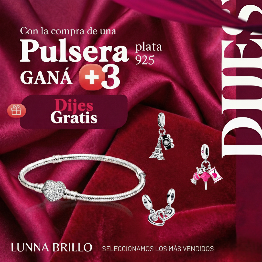 Llevate 3 Dijes GRATIS con tu Pulsera de Plata 925.
